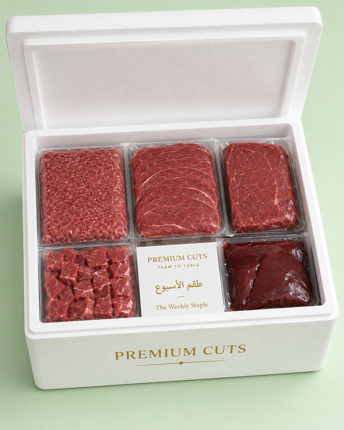 Premium Cuts Weekly Staple bundle in a white signature box